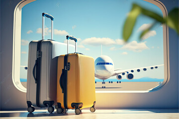 Koffer am Flughafen für Urlaubsreise mit Flugzeug im Hintergrund - KI generiert