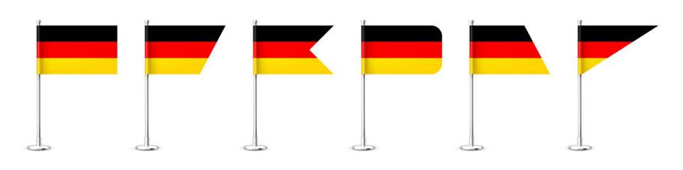 Realistic various German table flags on a chrome steel pole. Souvenir from Germany. Desk flag made of paper or fabric, shiny metal stand. Mockup for promotion and advertising. Vector illustration