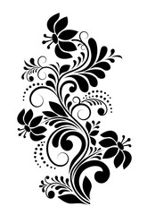 Decorative composition of flowers, leaves and swirls of black color on a white isolated background. Black and white floral background for design.