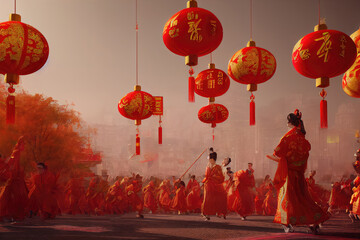 Painting art of Chinese lanterns circular and people in the Chinese New Year (ai generated)