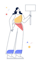 Woman holds blank placard or paper. Female character shows empty banner.