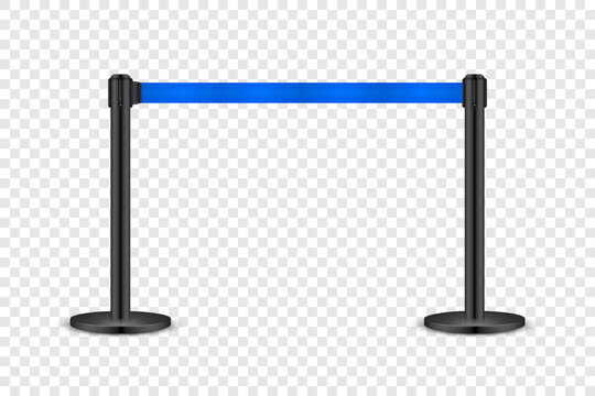 Realistic blue retractable belt stanchion. Crowd control barrier posts with caution strap. Queue lines. Restriction border and danger tape. Attention, warning sign. Vector illustration
