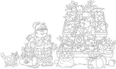 Funny chubby housewife and a her merry cat shopping at a market and buying fresh fruits and vegetables from a cheerful saleswoman, black and white outline vector cartoon for a coloring book