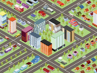 Isometric cartoon city map with buildings, schools, police, fire department, school and transport. Vector graphics