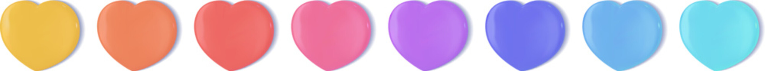 3d candy heart balloon set. Pink, yellow, orange, purple, blue multicolor love icon. Valentine cute glossy element set. Like button png