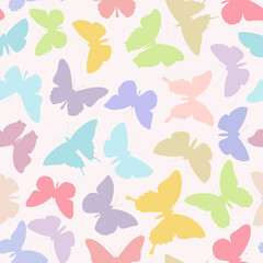 Fototapeta na wymiar Butterfly seamless repeat pattern design background. Vector illustration. Random colorful butterfly and moth silhouettes, cute girly pastel pattern