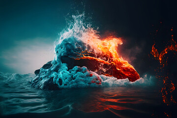 Confrontation of water and fire. The battle of the elements. Fire fights with water. Burning fire in the sky. Generative AI