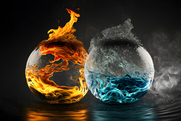 Balls of fire and water. Water vs fire. The battle of the elements. Generative AI