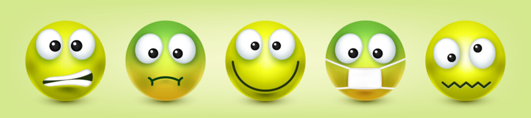 Fototapeta na wymiar Cartoon emoji, emoticons collection. Green face with emotions, mood. Facial expression, realistic emoji. Sad, happy, angry faces. Funny character with smiling face. Vector illustration