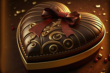 Sweetheart Delight: A Brown and Gold Heart-Shaped Chocolate Box filled with Delicious Dark Chocolates for Valentine's Day and Romantic Celebrations. Chocolate box illustration. Generative AI.