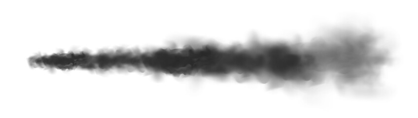 Realistic missile or bullet trace. Airplane condensation trail, jet aircraft track. Space rocket launch. Black smoke clouds, explosion. Steam flow. Vector illustration