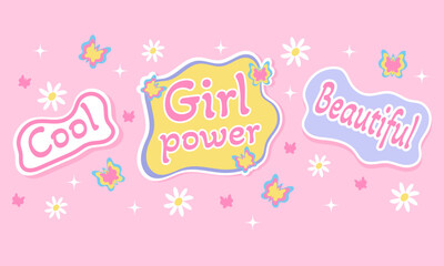 Fototapeta na wymiar Stickers (The power of girls, Beautiful, Cool) with butterflies in style y2k