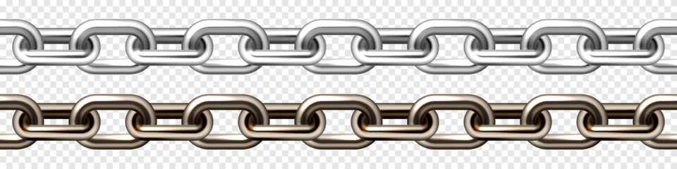 Realistic silver and brown metal chain with old rusty links. Heavy steel chain for industrial use. Vector illustration