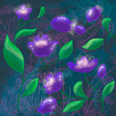 Glowing flowers on a dark background. Illustration.