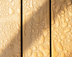 Abstract image of water droplets beading on wood