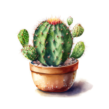 Watercolor Cactus in Pot, Mexican Cacti, Cute Succulent, Generative AI Illustration