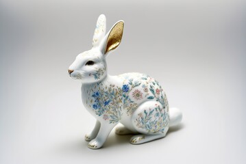 Colorful porcelain rabbit on a white background created with Generative AI technology