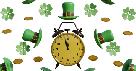 St.Patrick 's Day. Alarm clock surrounded by a leprechaun hat of golden coins of clover leaves on a transparent background