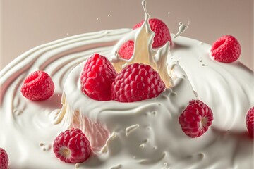 Realistic raspberries on a background of milk or cream, with copyspace. AI generated.