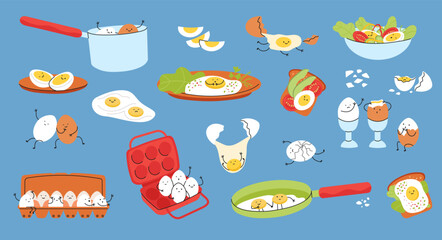 Eggs friends characters. Funny egg, breakfast menu cartoon food. Kawaii various yolk emotions. Healthy sandwich, easter, adorable lunch decent vector set