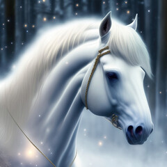 Generative AI: charming horse in the snow forest ideal for children's story book