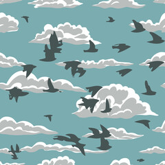 Seamless pattern with clouds and birds. Vintage hand drawn illustration with starlings in the sky. Vector illustration