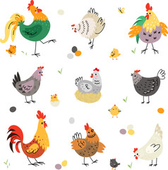 Chicken birds, hen and rooster. Poultry breeding, yellow cartoon cute chick. Farm birds in various poses, eggs and chickens. Nowaday vector agriculture animals