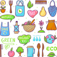 Zero waste doodle elements and reusable ecology bags. Wooden fork, food package and green life icons. Eco cup for coffee, natural energy neoteric vector set