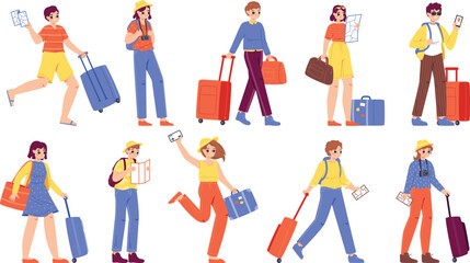 Teenagers with luggage, travel tourism cartoon characters. Cute tourists with suitcase and bags. Snugly happy girl and boy on vacation vector set