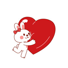 Cute White Rabbit Hug Giant Heart Shape, Transparent, Illustration
