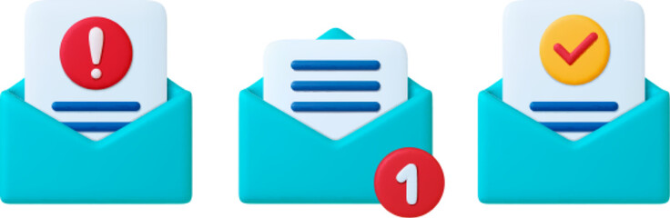 Mail 3d icons. Email notice, new letter, attention news and dangerous mail or spam. Plastiline icon vector design, business or office, social media graphic