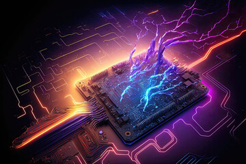 Obraz premium Futuristic Circuitry: Abstract Computer Motherboard and Processor with Cyberspace Lighting and Colorful Background. Generative AI