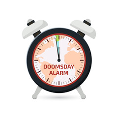Doomsday alarm poster. Doomsday clock. 100 seconds to midnight. Symbol of global catastrophe, apocalypse sign. Flat vector illustration.