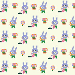 Vector pattern with rabbit, flowers in the garden. Cute cartoon character .Village landscape. Seamless pattern