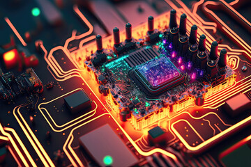 Futuristic Circuitry: Abstract Computer Motherboard and Processor with Cyberspace Lighting and Colorful Background. Generative AI