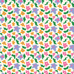 Multicoloured pattern with abstract flowers and foliage of different shapes. Flower vector illustration