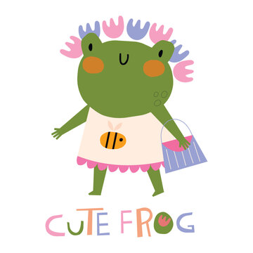 Cute frog in a dress and a handbag. Frog vector illustration for posters, prints. Hand lettering