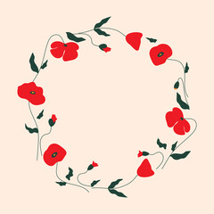 Illustration with red poppies in a round frame.  Floral frame with red flowers