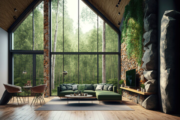 Luxurious Nature Retreat: A Cozy Living Room with Wooden Floor, Stone Wall, and Large Windows. Generative AI