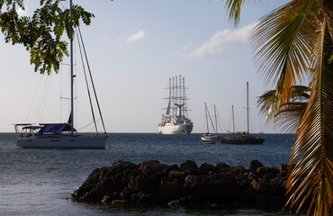 yachts at anchorage, caribbean sea, turquoise water, snow-white yachts in Martinique