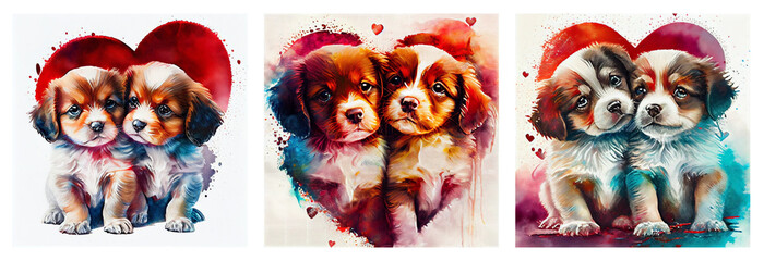 Set of adorable puppies with hearts. AI generative.