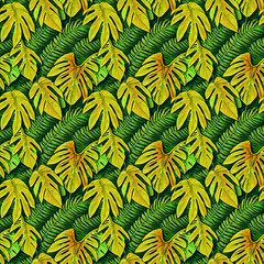 Fototapeta premium Abstract Green Tropical Leaves Seamless Patter for Fabric or Textile Texture Print. Trendy Watercolor Style Background with Jungle Palm Leaves, Fern and Ornamental Wild Plants, Generative AI art.