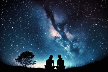 Couple of lovers are sitting at the top of the mountain looking at the stars and milky way galaxy created with Generative AI technology