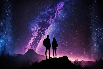 Couple of hikers standing at the top of the mountain looking at the stars and milky way galaxy created with Generative AI technology