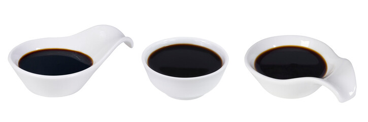 Collection of soy sauce in white bowls on isolated white background.