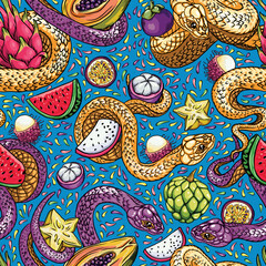 pattern of snakes and juicy fruits, colorful snakes and tropical fruits. Sketch for printing on fabric, especially bag, accessories and design. Vector, trend