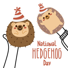 National hedgehog day vector. Cute hedgehogs in human hands. Home pet. Hedgehog day poster, February 2.