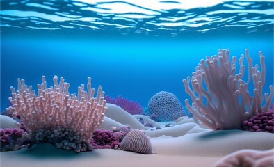 Colorful sea background with clear blue water, pink corals, sand and seashells. AI generated.