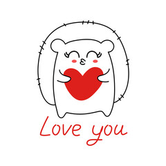 Vector cartoon illustration of a romantic Valentine's Day gift card with a cute hedgehog holding a red heart in his hands. Love you sms.