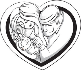 Illustration family love and a heart, Mom, Dad and baby forming a heart. Black and White. Ideal for promotional and institutional materials